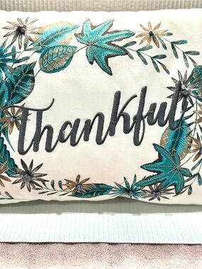 Thankful” Embroidered Decorative Pillow - Teal & Gold Leaf Design 14x24